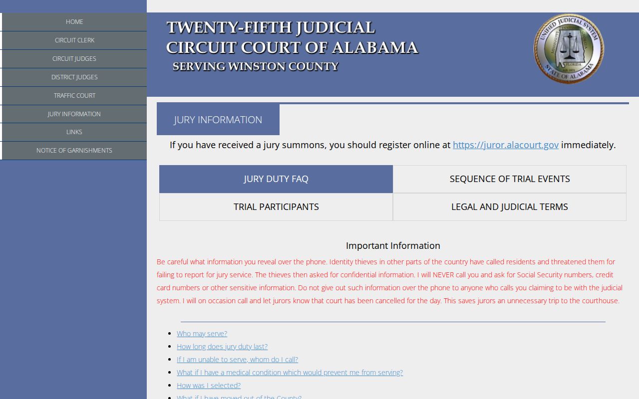 Winston County Court records jury security and parking information
