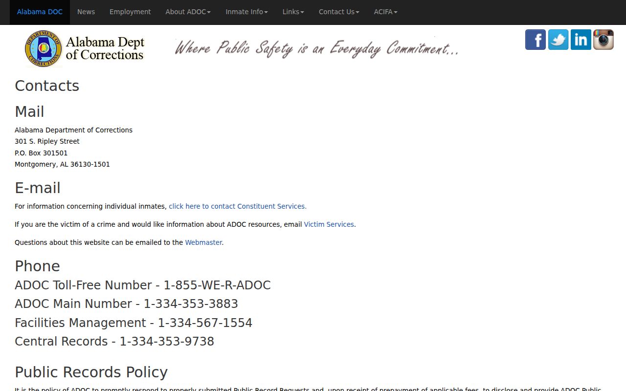 ADOC public records contacts for Winston County state inmate records
