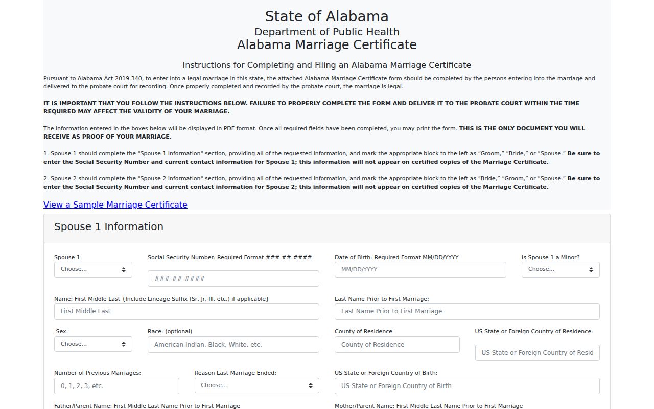 Alabama online marriage certificate option for Winston County records