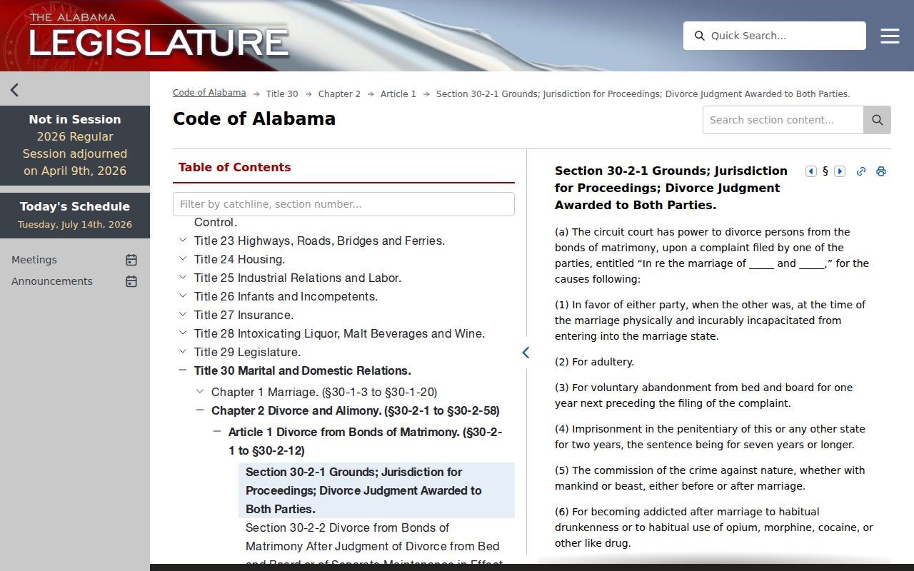 Alabama divorce statute source for Winston County divorce records